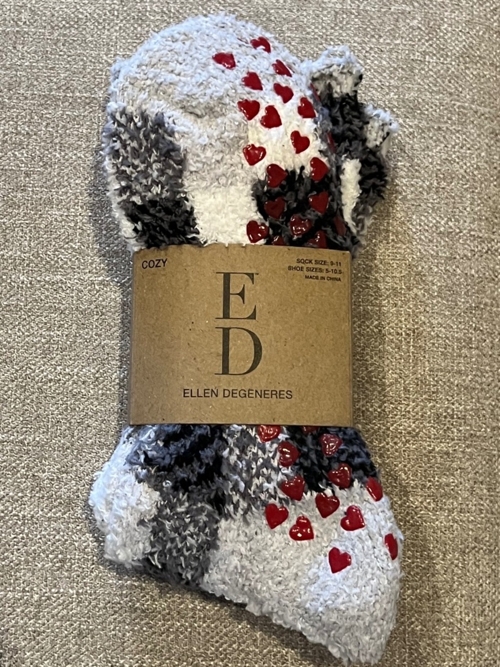 Ellen Degeneres Cozy Plush Socks Black/White Plaid w Red Heart Soles Cozy & Warm